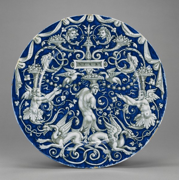 A Candelieri Plate, Piatto, Venice, Veneto, Italy; about 1540 - 1560; Tin-glazed earthenware; 5.7 x 47.6 cm, 2 1,4 x 18 3,4 in