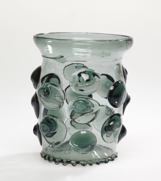 Prunted Beaker, Krautstrunk, Southern Germany, Germany; 1490 - 1530; Free-blown blue-green glass with applied decoration