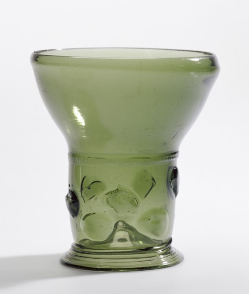 Prunted Beaker, Berkemeyer, Netherlands; 1650 - 1675; Free-blown dark yellowish-green glass with applied decoration