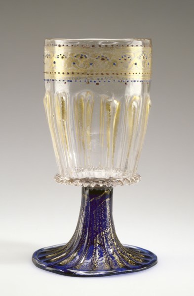 Goblet; Venice, Veneto, Italy; 1475 - 1500; Free- and mold-blown colorless and cobalt-blue glass with gold leaf, enamel