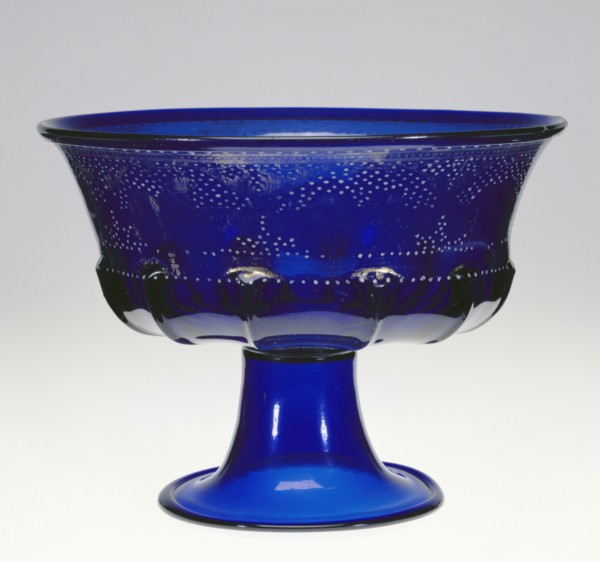 Footed Bowl, Coppa, Venice, Veneto, Italy; about 1500; Free- and mold-blown cobalt-blue glass with gold leaf and enamel
