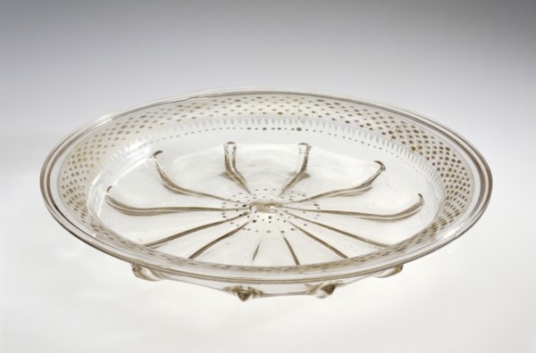 Bowl; Venice, Veneto, Italy; early 16th century; Free- and mold-blown colorless glass with gold leaf and enamel decoration