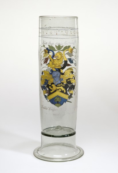 Beaker with the Arms of Puchner, Stangenglas, Erzgebirge, possibly, Saxony, Germany; 1587; Free-blown colorless, pale green