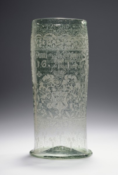 Large Beaker, Humpen, Bohemia, Czech Republic; 1614; Free-blown colorless, pale blue-green, glass with diamond-point engraving