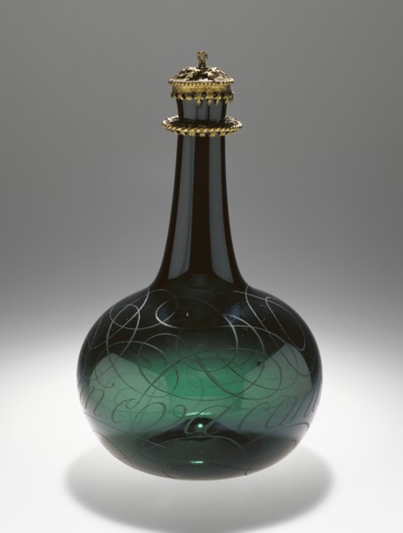 Bottle; Willem Jacobsz van Heemskerk, Dutch, 1613 - 1692, Netherlands; 1675 - 1685; Dark green glass with diamond