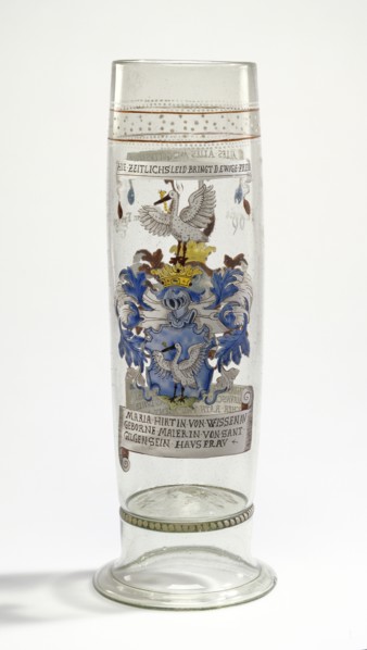 Beaker with Arms of Hirt and Maier; The Böhmerwald, Germany; 1590; Free-blown colorless, slightly greenish-purple, glass