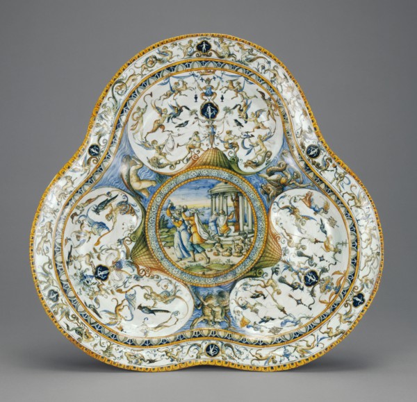 Basin with Deucalion and Pyrrha; Fontana Workshop, possibly Orazio Fontana, Italian, 1510 - 1571, or possibly Flaminio Fontana