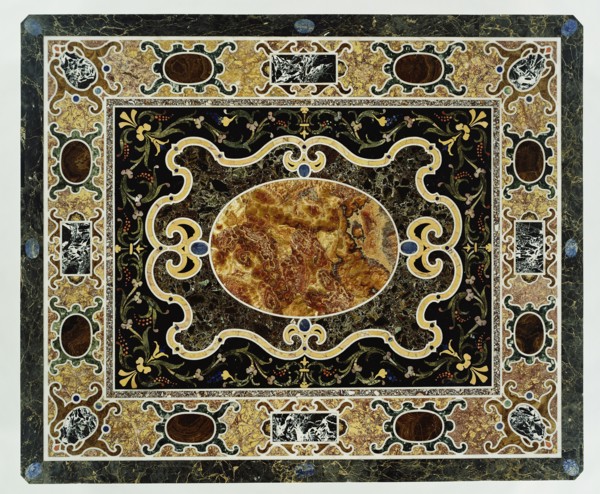 Tabletop; tabletop 1580 - 1600; base 1825; Pietre dure and marble commesso, mosaic, top including breccia di Tivoli