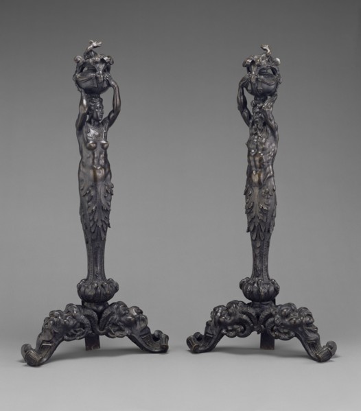 Pair of Andirons in the form of a Female and Male Herm; Italian, probably active in France, Fontainebleau, France; about 1540