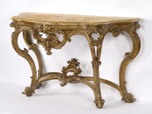 Side Table; Sicily, Italy; mid-18th century; Silver gilt limewood with a Giallo Verona Marble top; 104 x 183 x 78 cm