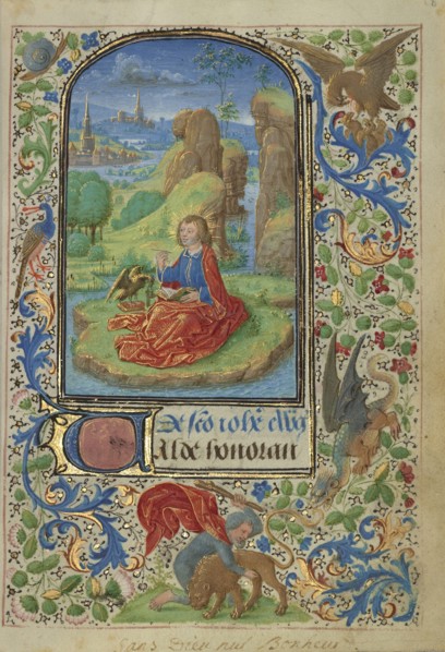 Saint John on Patmos; Lieven van Lathem, Flemish, about 1430 - 1493, Ghent, written, Belgium; 1469; Tempera colors, gold leaf