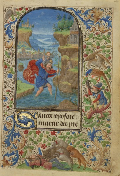 Saint Christopher; Lieven van Lathem, Flemish, about 1430 - 1493, Antwerp, illuminated, Belgium; 1469; Tempera colors, gold