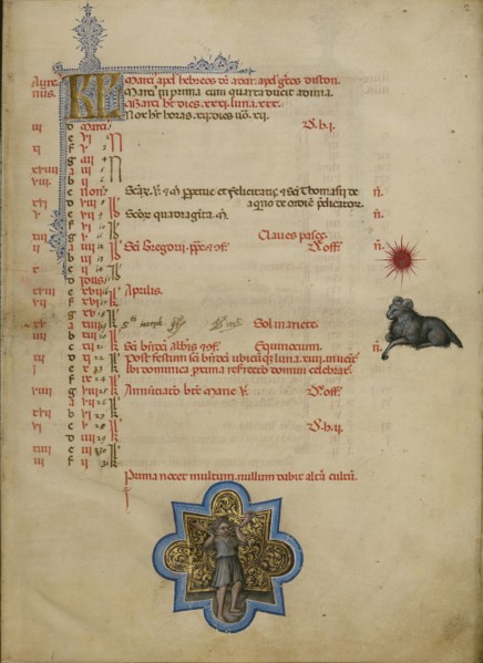 A Man Blowing Two Horns; Zodiacal Sign of Aries; Master of the Brussels Initials, Italian, active about 1389 - 1410, Bologna