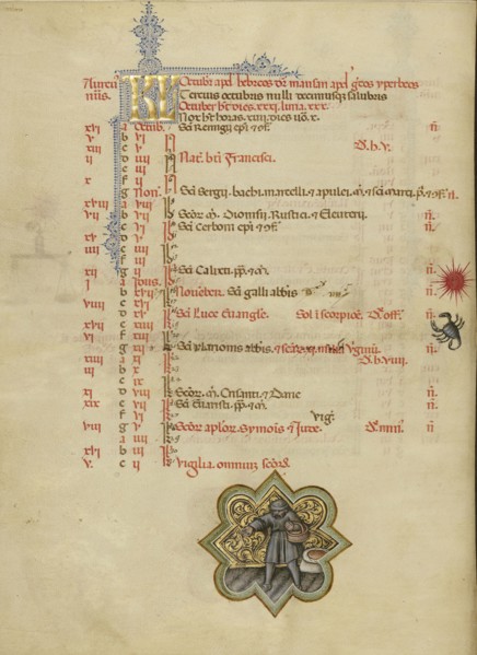 A Man Sowing Wheat; Zodiacal Sign of Scorpio; Master of the Brussels Initials, Italian, active about 1389 - 1410, Bologna