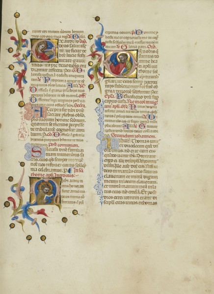 Initial E: Saint Lucy; Initial M: Saint Thomas; Initial D: Saint Thomas Preaching; Master of the Brussels Initials, Italian