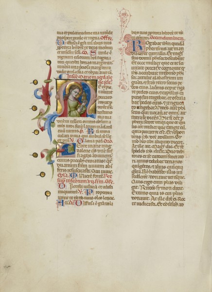 Initial M: Mary Magdalene; Master of the Brussels Initials, Italian, active about 1389 - 1410, Bologna, Emilia-Romagna, Italy