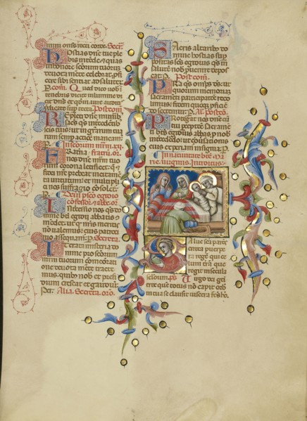 The Birth of the Virgin; Initial S: The Virgin Reading; Master of the Brussels Initials, Italian, active about 1389 - 1410