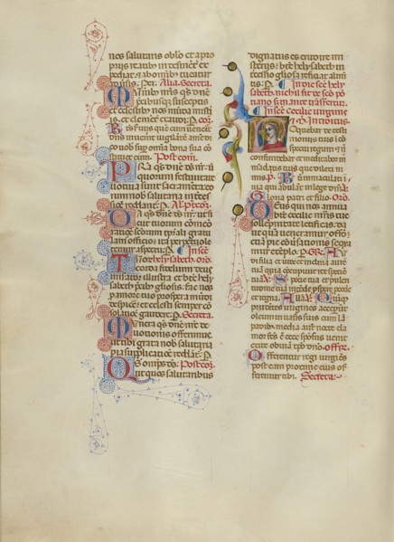 Initial L: Saint Cecilia; Master of the Brussels Initials, Italian, active about 1389 - 1410, Bologna, Emilia-Romagna, Italy