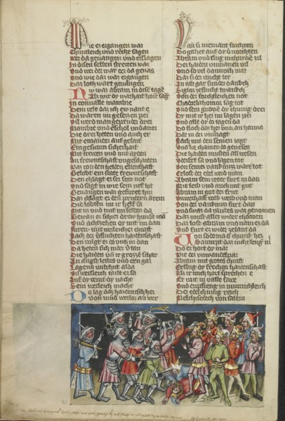 Abraham's Victory over the Four Kings; Regensburg, Bavaria, Germany; about 1400 - 1410; Tempera colors, gold, silver paint