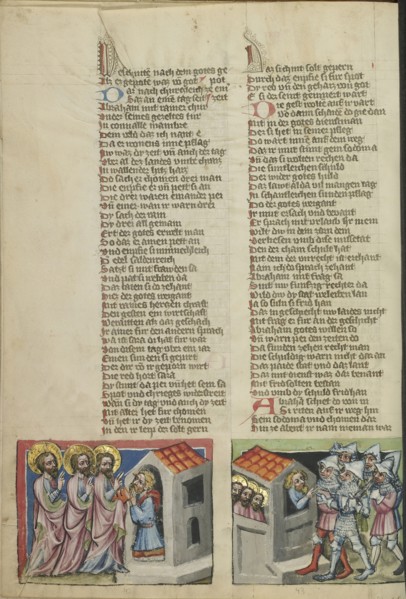 Abraham and the Three Angels; The Sodomites Beating on Lot's House; Regensburg, Bavaria, Germany; about 1400 - 1410; Tempera