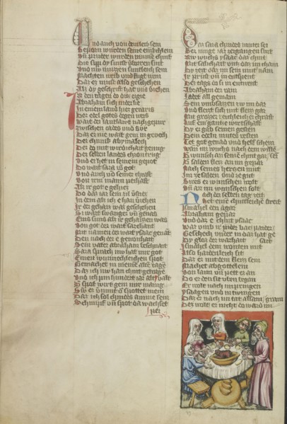 Abraham Organizing a Feast on the Day of Isaac's Weaning; Regensburg, Bavaria, Germany; about 1400 - 1410; Tempera colors, gold