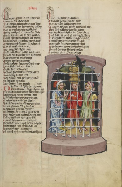 Joseph in Prison with a Butler and a Baker; Regensburg, Bavaria, Germany; about 1400 - 1410; Tempera colors, gold, silver paint