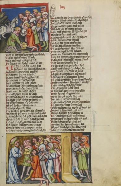 The Silver Cup Discovered; Joseph Reveals His Identity to His Brothers; Regensburg, Bavaria, Germany; about 1400 - 1410; Tempera