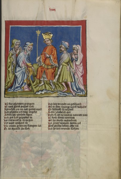 Aaron Transforms the Rod into a Serpent; Regensburg, Bavaria, Germany; about 1400 - 1410; Tempera colors, gold, silver paint