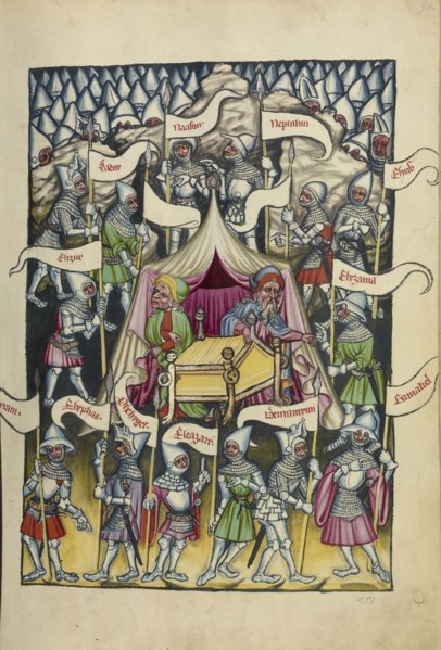 The Twelve Tribes of Israel; Regensburg, Bavaria, Germany; about 1400 - 1410; Tempera colors, gold, silver paint, and ink