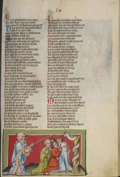 The Brazen Serpent; Regensburg, Bavaria, Germany; about 1400 - 1410; Tempera colors, gold, silver paint, and ink on parchment