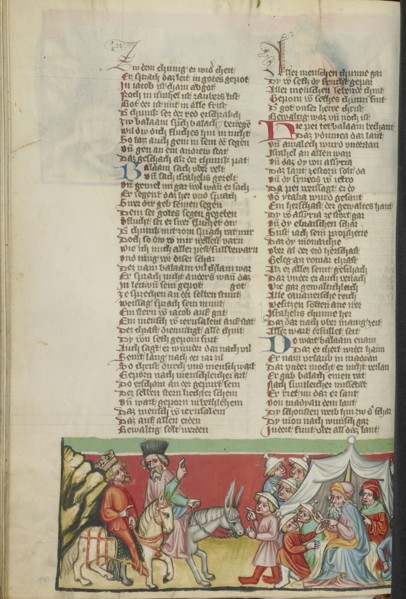 Balaam Blessing the People of Israel; Regensburg, Bavaria, Germany; about 1400 - 1410; Tempera colors, gold, silver paint