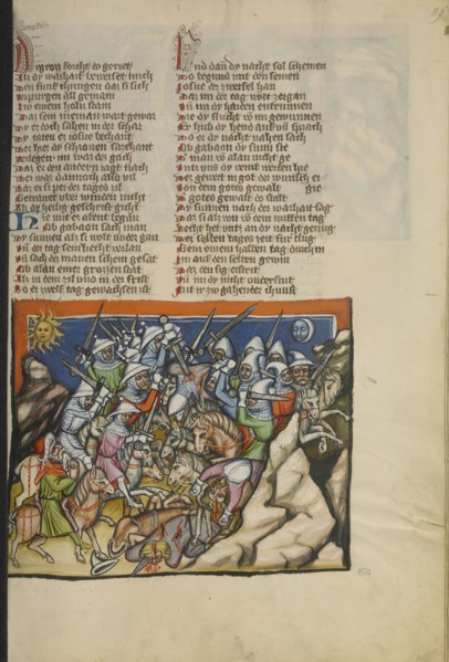 The Battle with the Five Kings of Canaan; Regensburg, Bavaria, Germany; about 1400 - 1410; Tempera colors, gold, silver paint