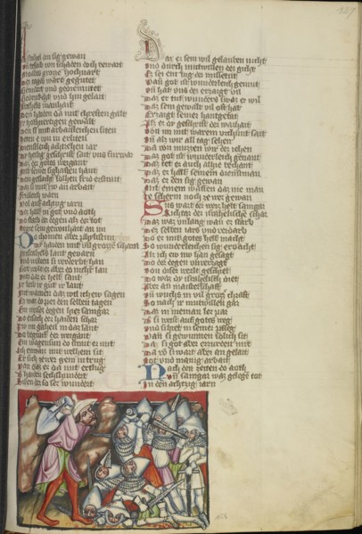 Schamgar Defeats the Philistines; Regensburg, Bavaria, Germany; about 1400 - 1410; Tempera colors, gold, silver paint, and ink