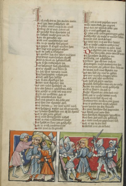 Samson being Bound; Samson Breaking the Ropes; Regensburg, Bavaria, Germany; about 1400 - 1410; Tempera colors, gold, silver
