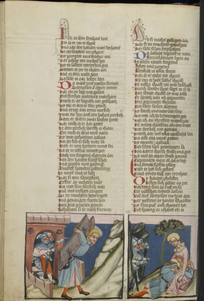 Samson Carrying Off the City Gate of Gaza; Delilah Tying Up Samson; Regensburg, Bavaria, Germany; about 1400 - 1410; Tempera