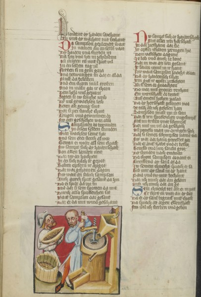 Samson Working in the Corn Mill; Regensburg, Bavaria, Germany; about 1400 - 1410; Tempera colors, gold, silver paint, and ink