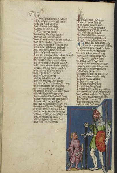 David and Goliath; Regensburg, Bavaria, Germany; about 1400 - 1410; Tempera colors, gold, silver paint, and ink on parchment