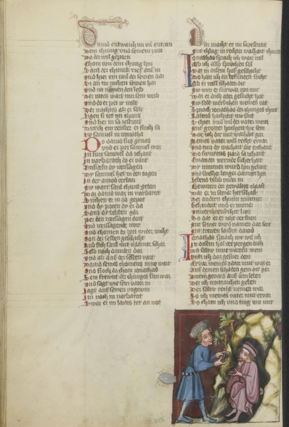 Jonathan Visiting David in the Cave; Regensburg, Bavaria, Germany; about 1400 - 1410; Tempera colors, gold, silver paint