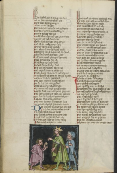 David before Saul; Regensburg, Bavaria, Germany; about 1400 - 1410; Tempera colors, gold, silver paint, and ink on parchment