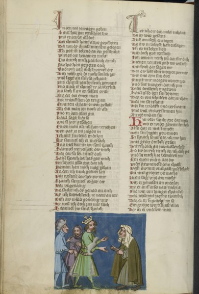 Saul and the Witch of Endor; Regensburg, Bavaria, Germany; about 1400 - 1410; Tempera colors, gold, silver paint, and ink