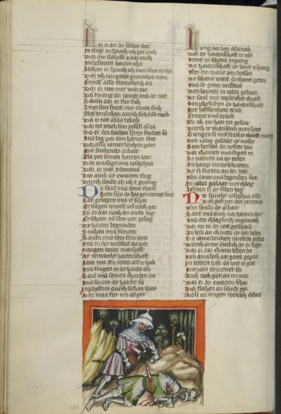 Saul's Death; Regensburg, Bavaria, Germany; about 1400 - 1410; Tempera colors, gold, silver paint, and ink on parchment; Leaf