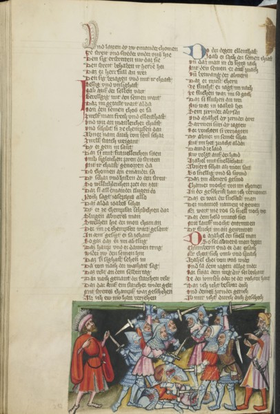 The Battle between Abner's and Joab's Men; Regensburg, Bavaria, Germany; about 1400 - 1410; Tempera colors, gold, silver paint