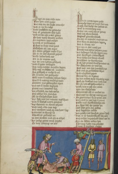 The Hanging of Ishbosheth's Murderers; Regensburg, Bavaria, Germany; about 1400 - 1410; Tempera colors, gold, silver paint