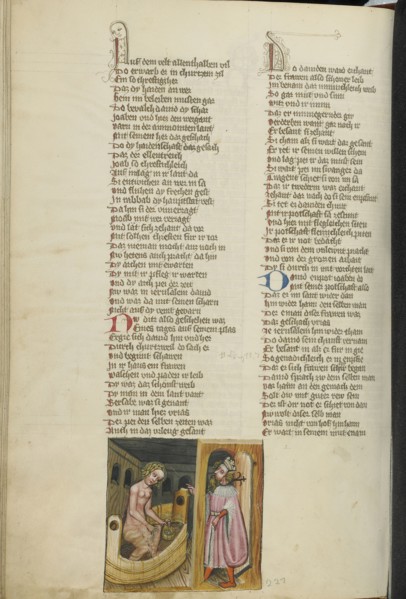 David and Bathsheba; Regensburg, Bavaria, Germany; about 1400 - 1410; Tempera colors, gold, silver paint, and ink on parchment