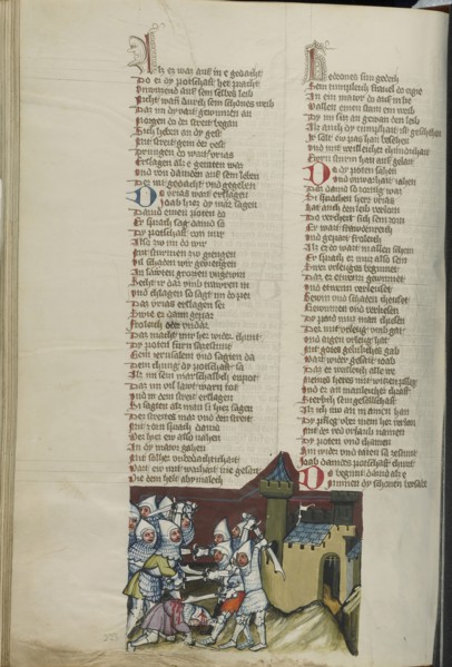 The Death of Uriah; Regensburg, Bavaria, Germany; about 1400 - 1410; Tempera colors, gold, silver paint, and ink on parchment