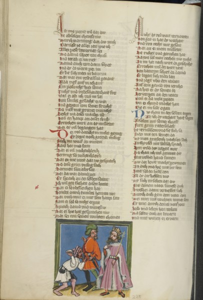 Shimei Throwing Stones at David; Regensburg, Bavaria, Germany; about 1400 - 1410; Tempera colors, gold, silver paint, and ink