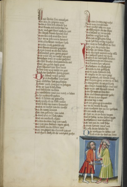 Joab Killing Amasa; Regensburg, Bavaria, Germany; about 1400 - 1410; Tempera colors, gold, silver paint, and ink on parchment