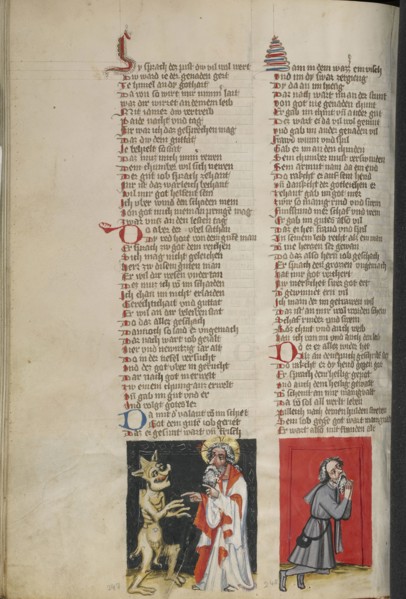Satan before God; Job in Prayer; Regensburg, Bavaria, Germany; about 1400 - 1410; Tempera colors, gold, silver paint, and ink