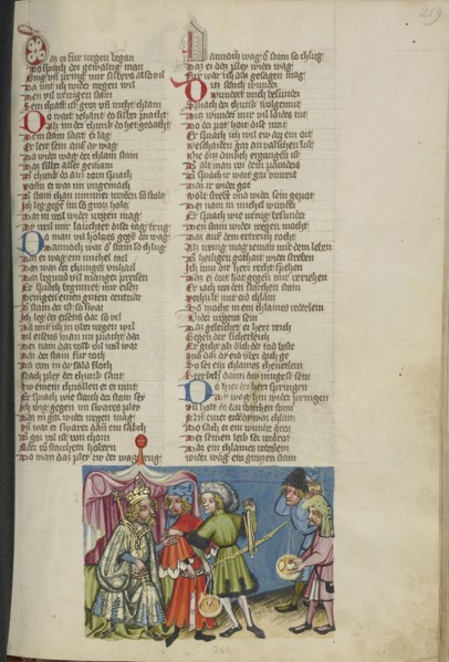 Alexander the Great has the Stone of Paradise Weighed; Regensburg, Bavaria, Germany; about 1400 - 1410; Tempera colors, gold