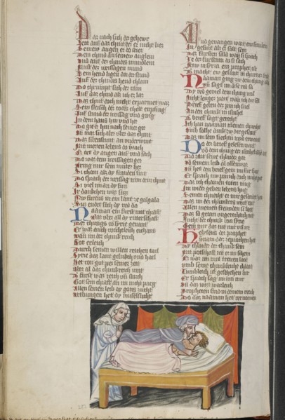 Elisha Raising a Woman's Dead Child; Regensburg, Bavaria, Germany; about 1400 - 1410; Tempera colors, gold, silver paint